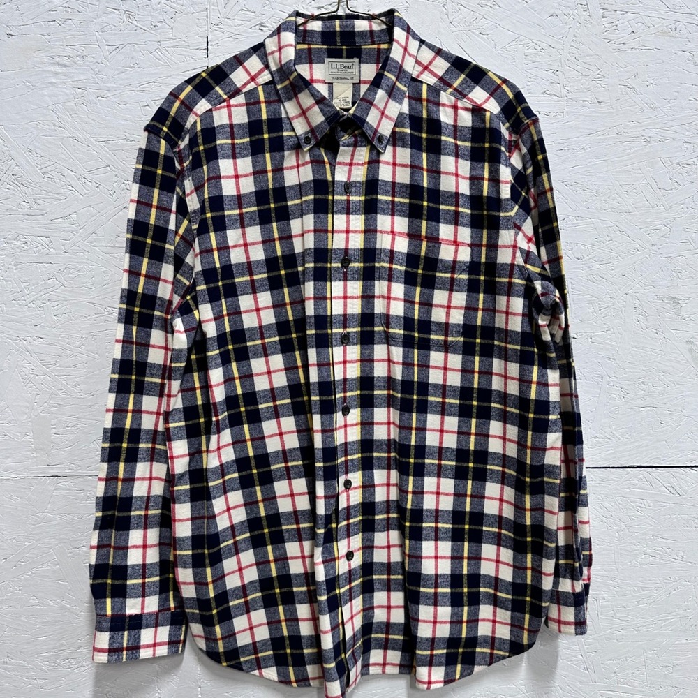 L.L.Bean XL Flannel Shirt Navy Red Yellow Plaid Traditional Gorpcore Americana